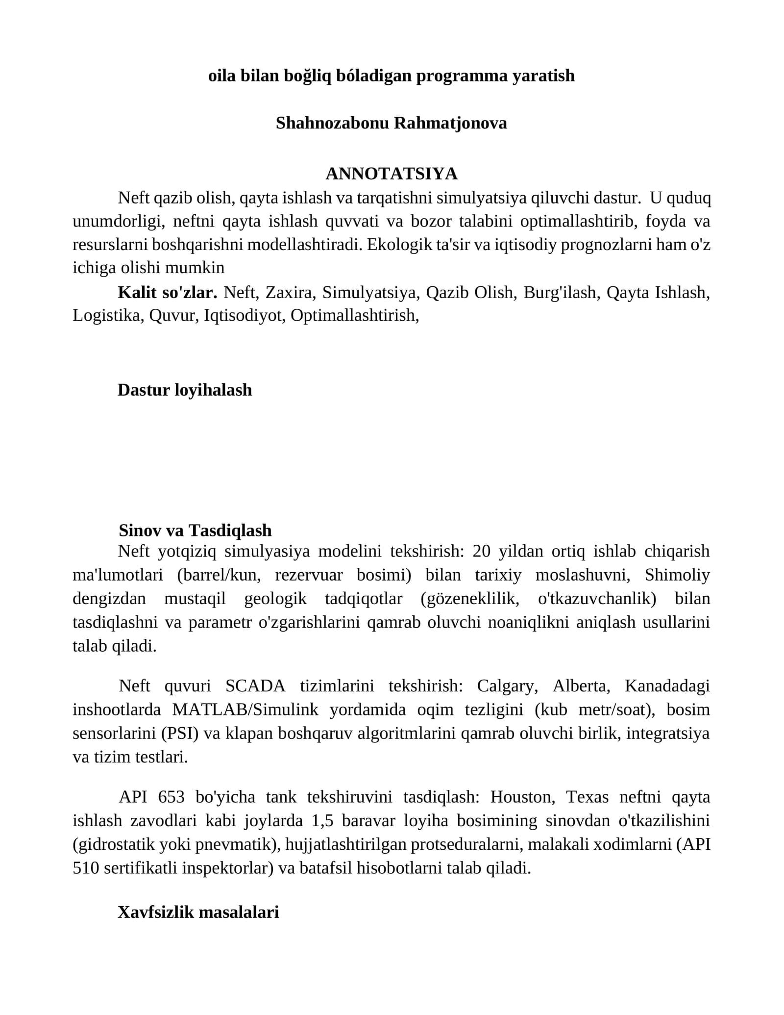 Neft bozorini optimallashtirish dasturi