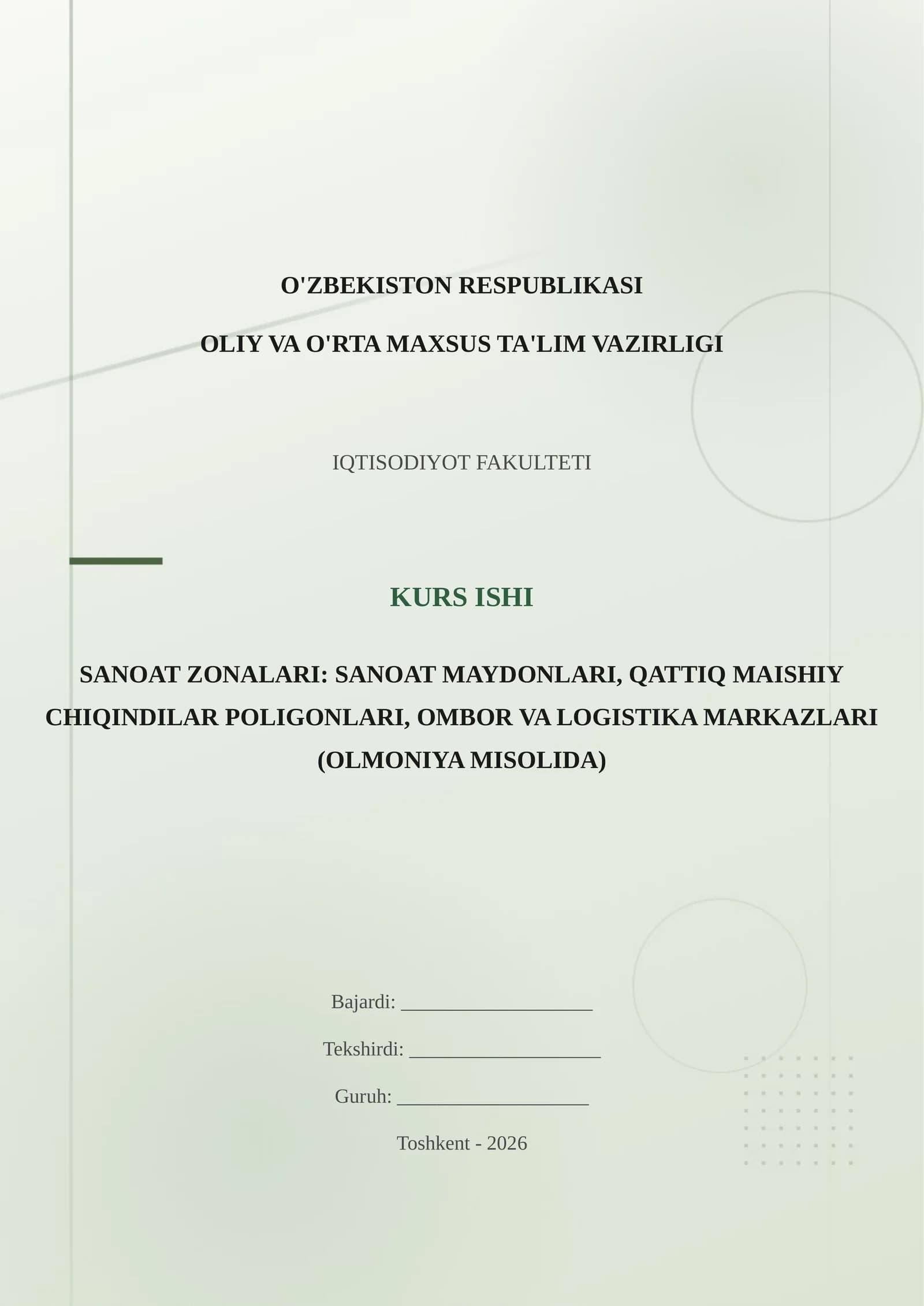 SANOAT ZONALARI: SANOAT MAYDONLARI, QATTIQ MAISHIY CHIQINDILAR POLIGONLARI, OMBOR VA LOGISTIKA MARKAZLARI (OLMONIYA MISOLIDA)