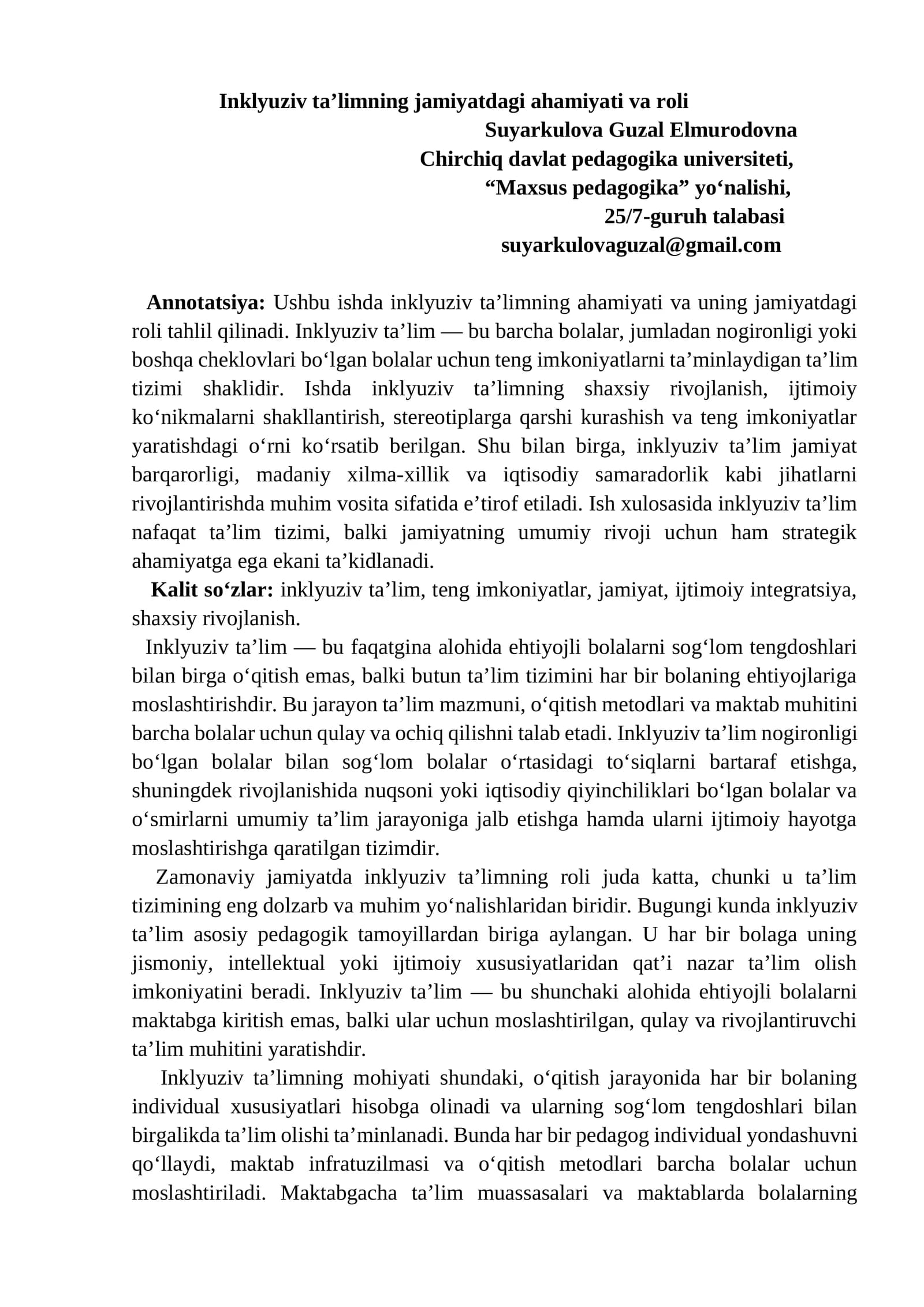 Inklyuziv ta’limning jamiyatdagi ahamiyati va roli