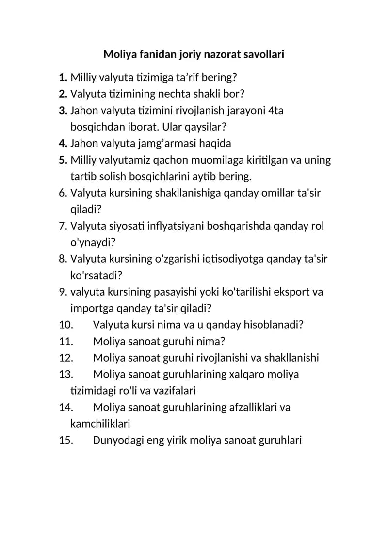Moliya fanidan joriy nazorat savollari
