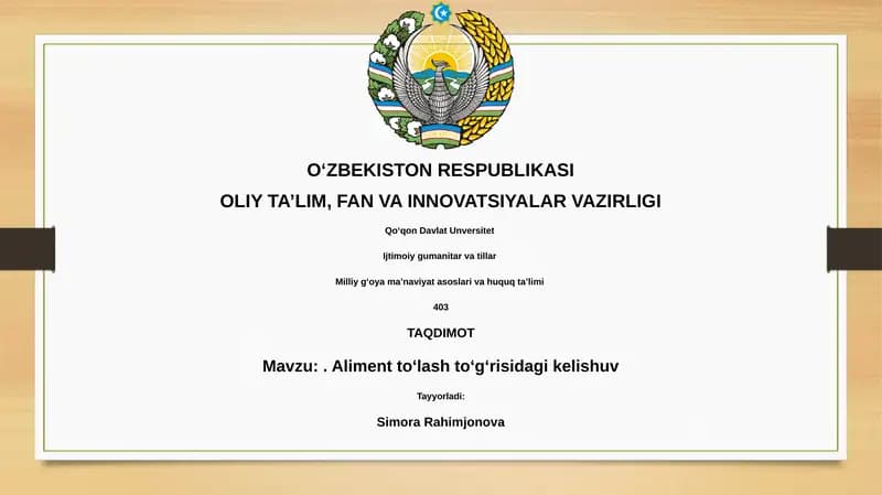 Aliment to'lash to'g'risidagi kelishuv