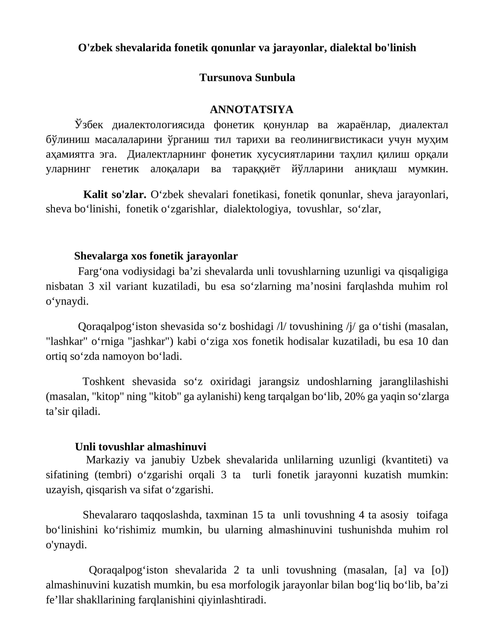 O'zbek shevalarida fonetik qonunlar va jarayonlar, dialektal bo'linish