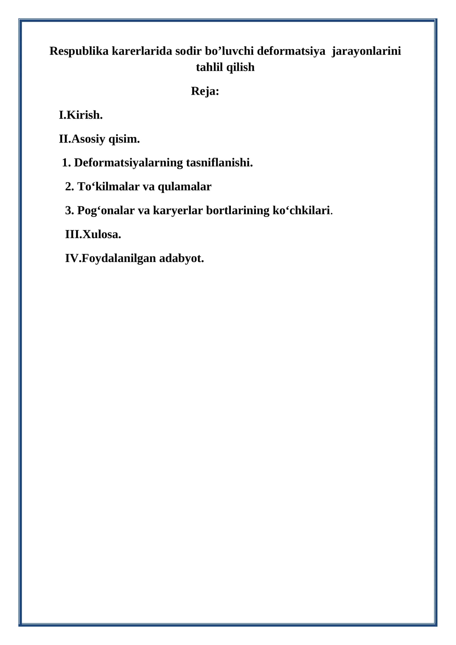 Respublika karerlarida sodir bo’luvchi deformatsiya jarayonlarini tahlil qilish