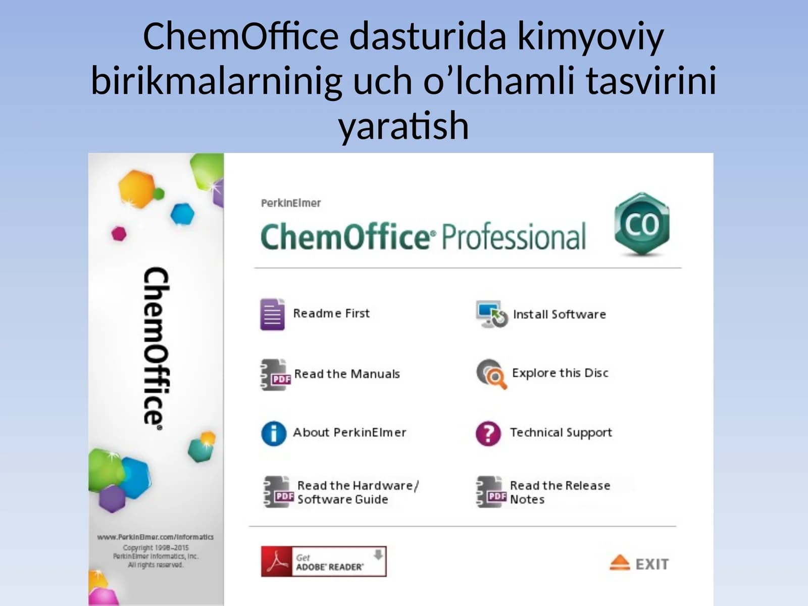 ChemOffice dasturida kimyoviy birikmalarninig uch o’lchamli tasvirini yaratish