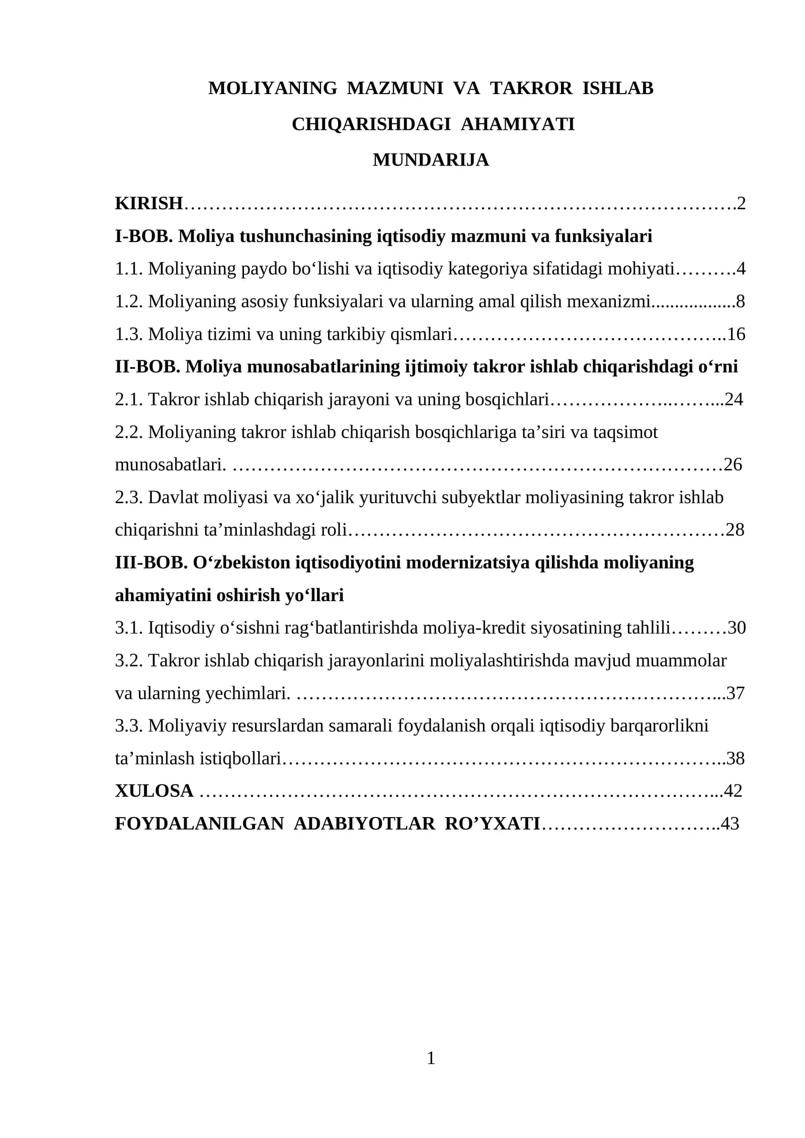 MOLIYANING MAZMUNI VA TAKROR ISHLAB CHIQARISHDAGI AHAMIYATI