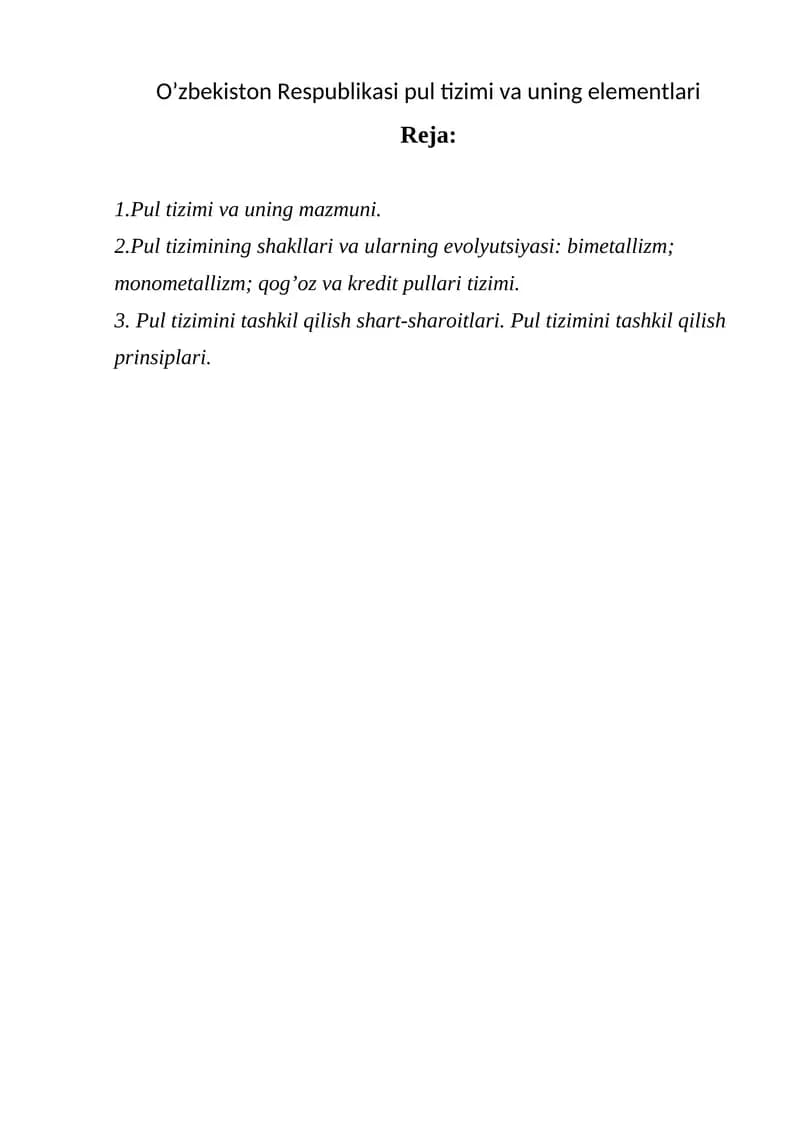 O’zbekiston Respublikasi pul tizimi va uning elementlari