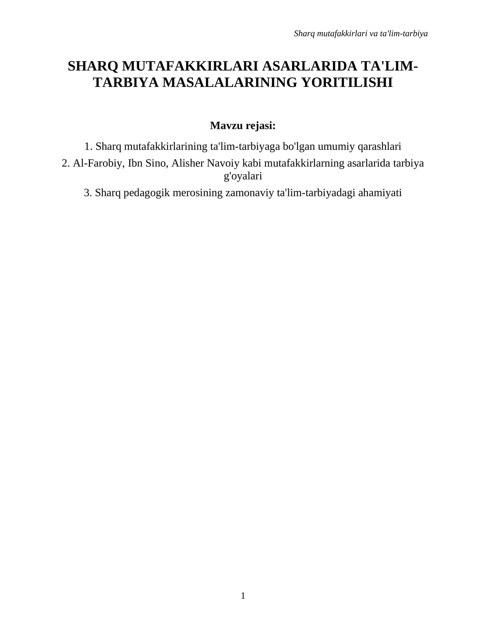 Sharq mutafakkirlari va ta'lim-tarbiya