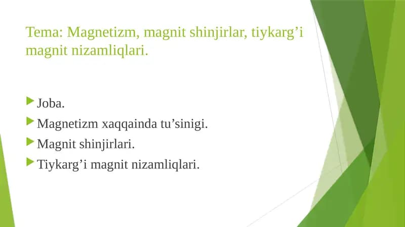 Magnetizm, magnitshinjirlar, tiykarg’imagnitnizamliqlari