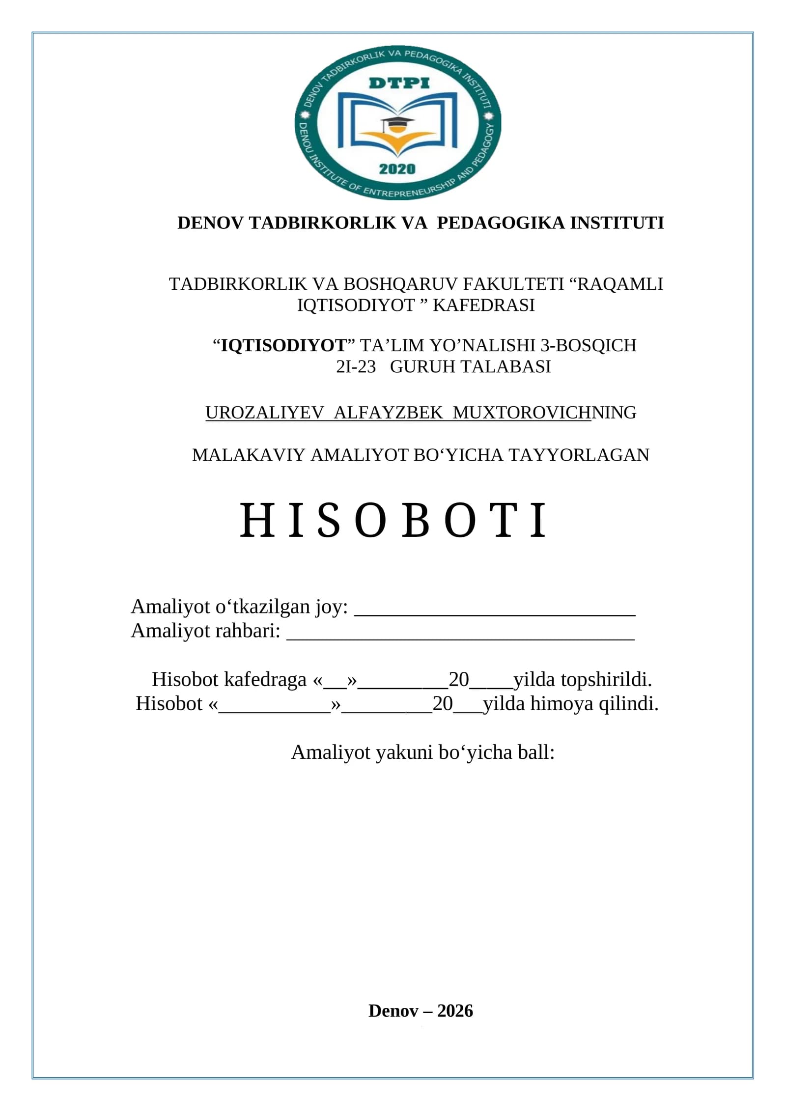 FERMERLAR KENGASHI BUXGALTERIYA BO'LIMI Malakaviy Amaliyot Hisoboti
