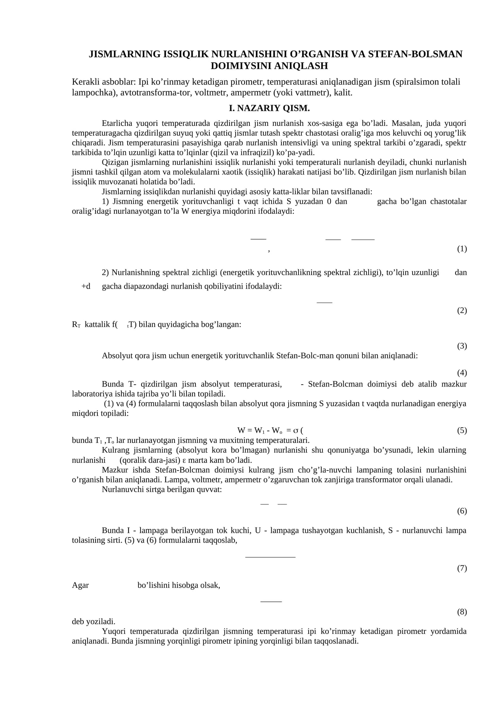 JISMLARNING ISSIQLIK NURLANISHINI O’RGANISH VA STEFAN-BOLSMAN DOIMIYSINI ANIQLASH