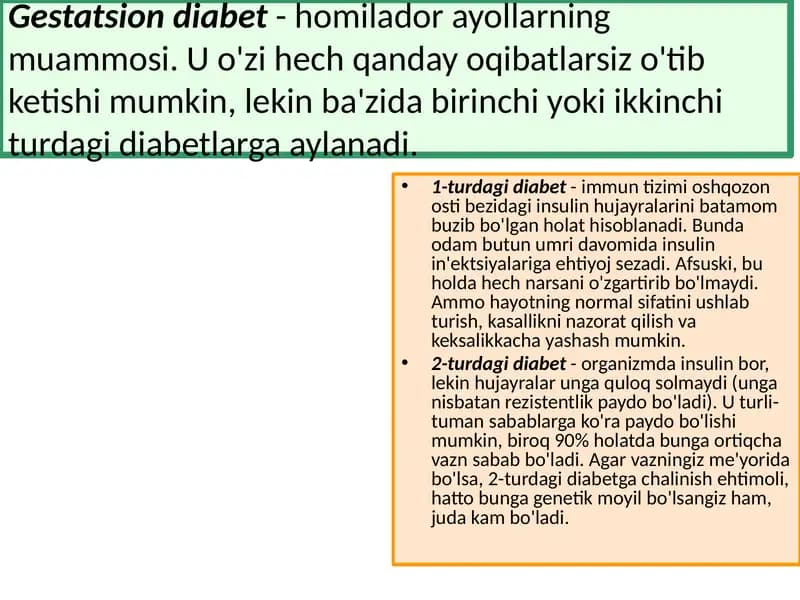 Gestatsion diabet- homilador ayollarning muammosi