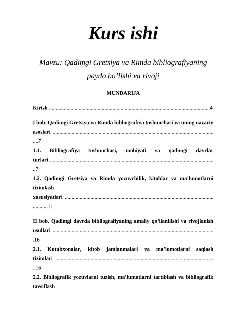 Qadimgi Gretsiya va Rimda bibliografiyaning paydo bo’lishi va rivoji