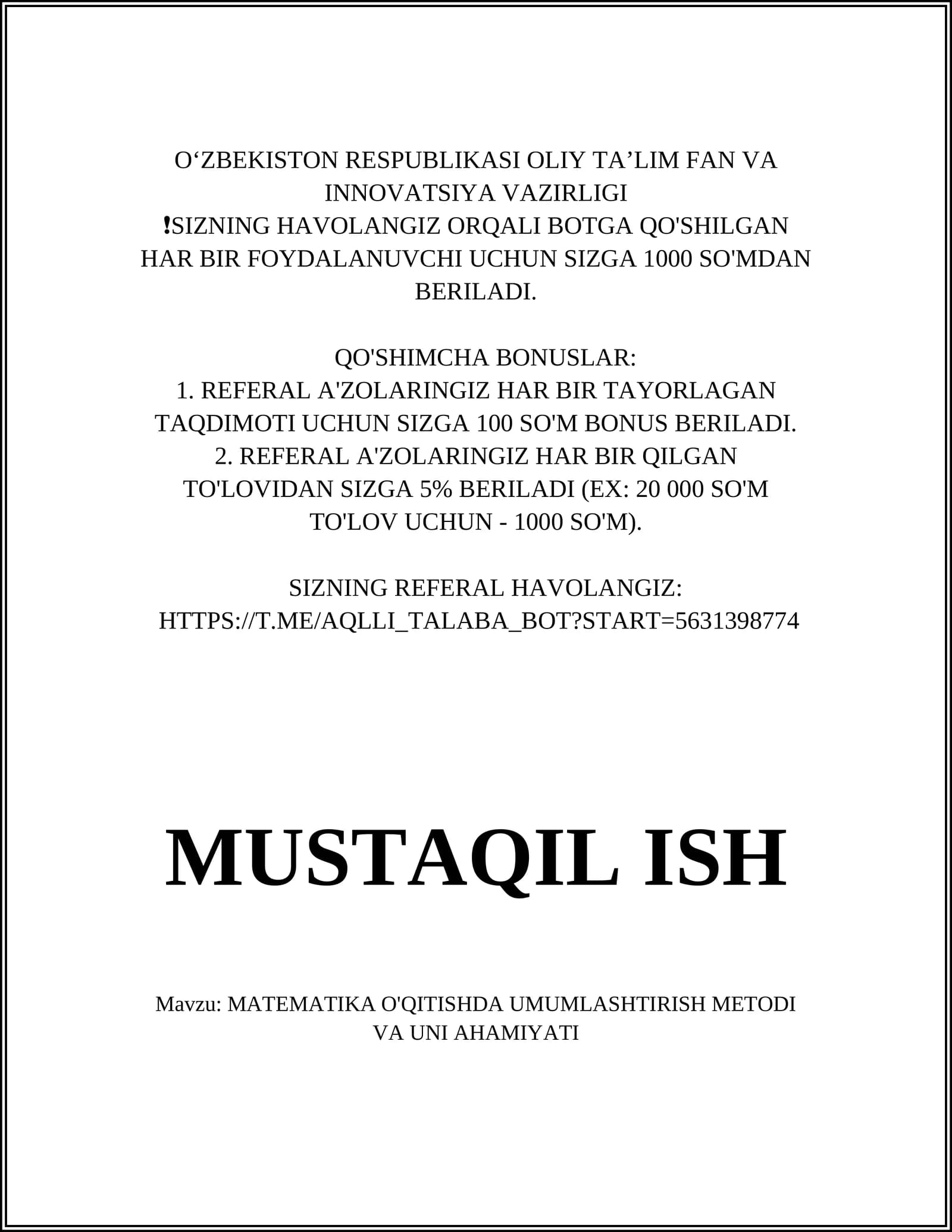 Mavzu: Matematika o'qitishda umumlashtirish metod va uni ahamiyati