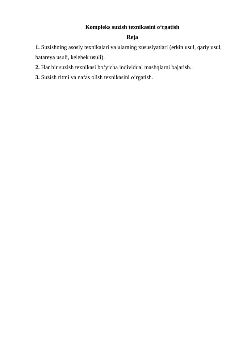 Kompleks suzish texnikasini o‘rgatish