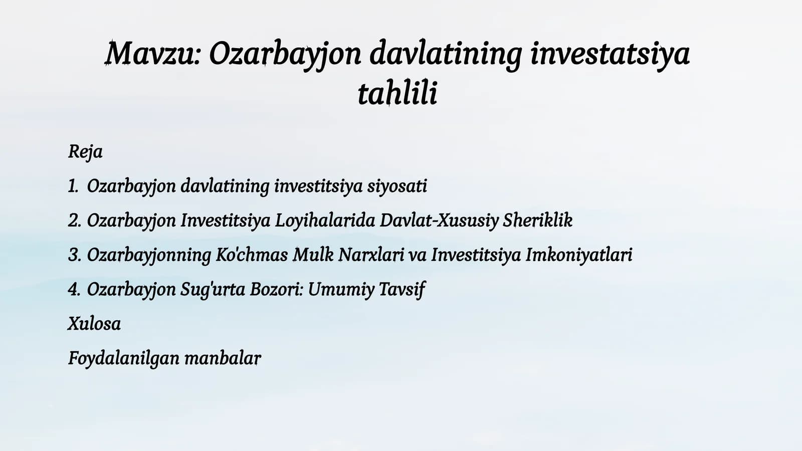 Ozarbayjonning Investitsiya Loyihalarida Davlat-Xususiy Sheriklik