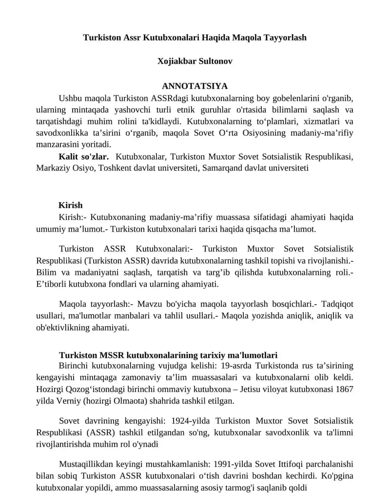 Turkiston Assr Kutubxonalari Haqida Maqola Tayyorlash