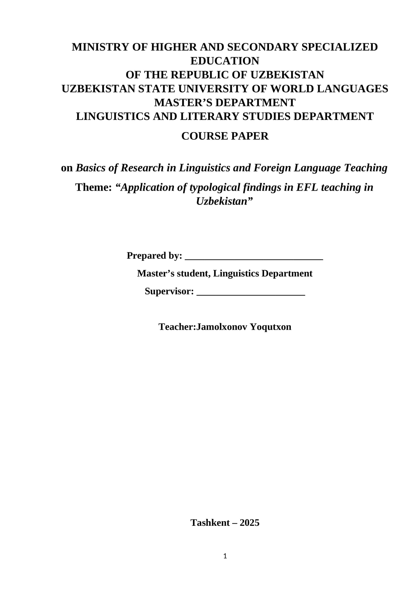 Course Paper on Basics of Research in Linguistics and Foreign Language Teaching
