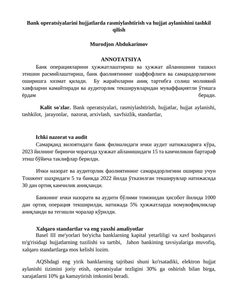 Банк операцияларини ҳужжатлаштириш ва ҳужжат айланишини ташкил қилиш