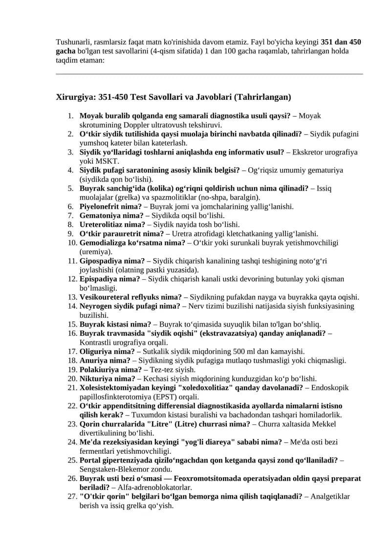 Xirurgiya: 351-450 Test Savollari va Javoblari 5-qism)