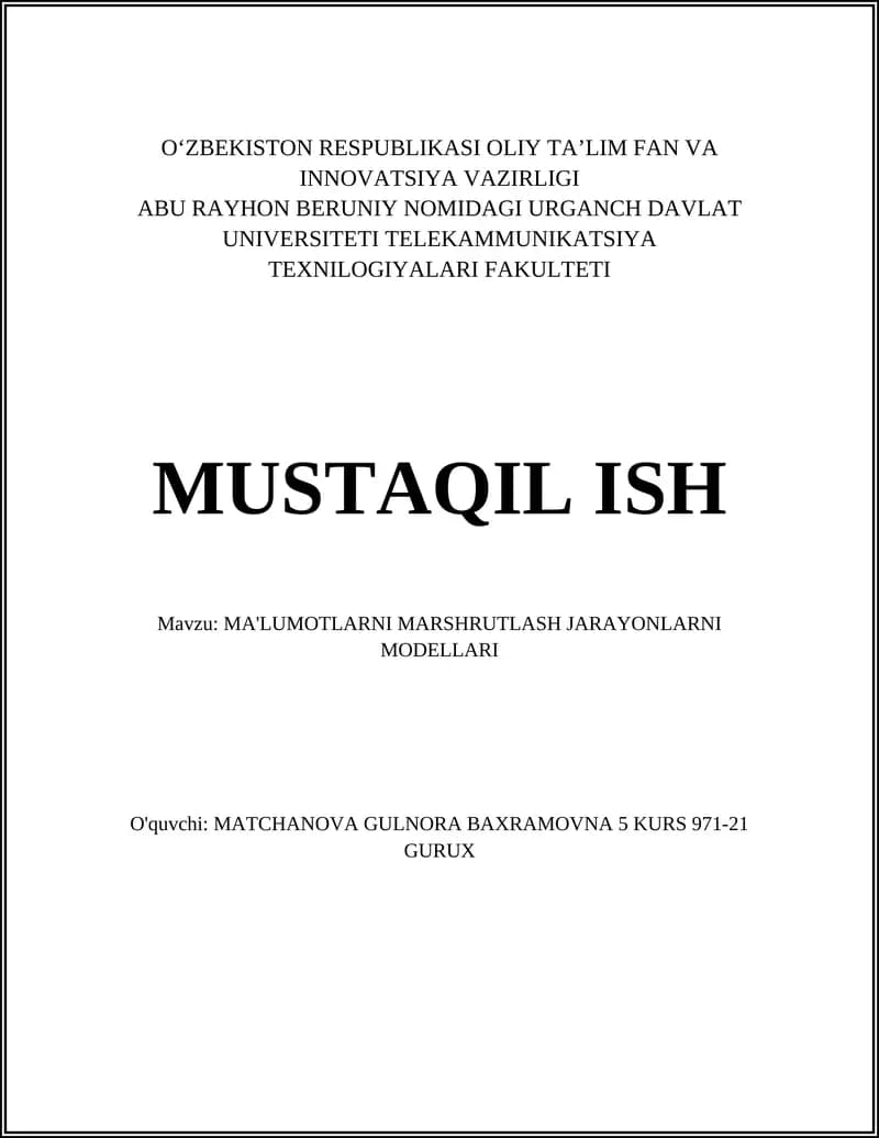 Marshrutlarni Modellash Jarayonlarni Modellari