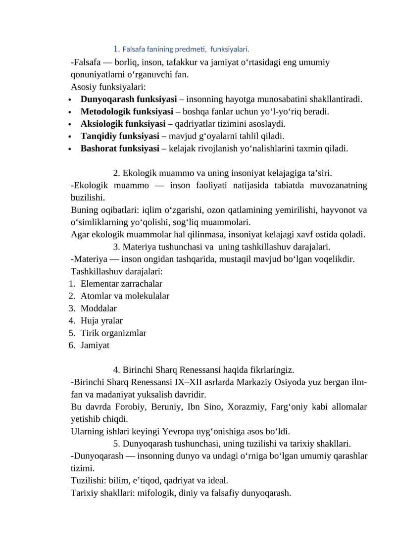 Falsafa fanining predmeti, funksiyalari