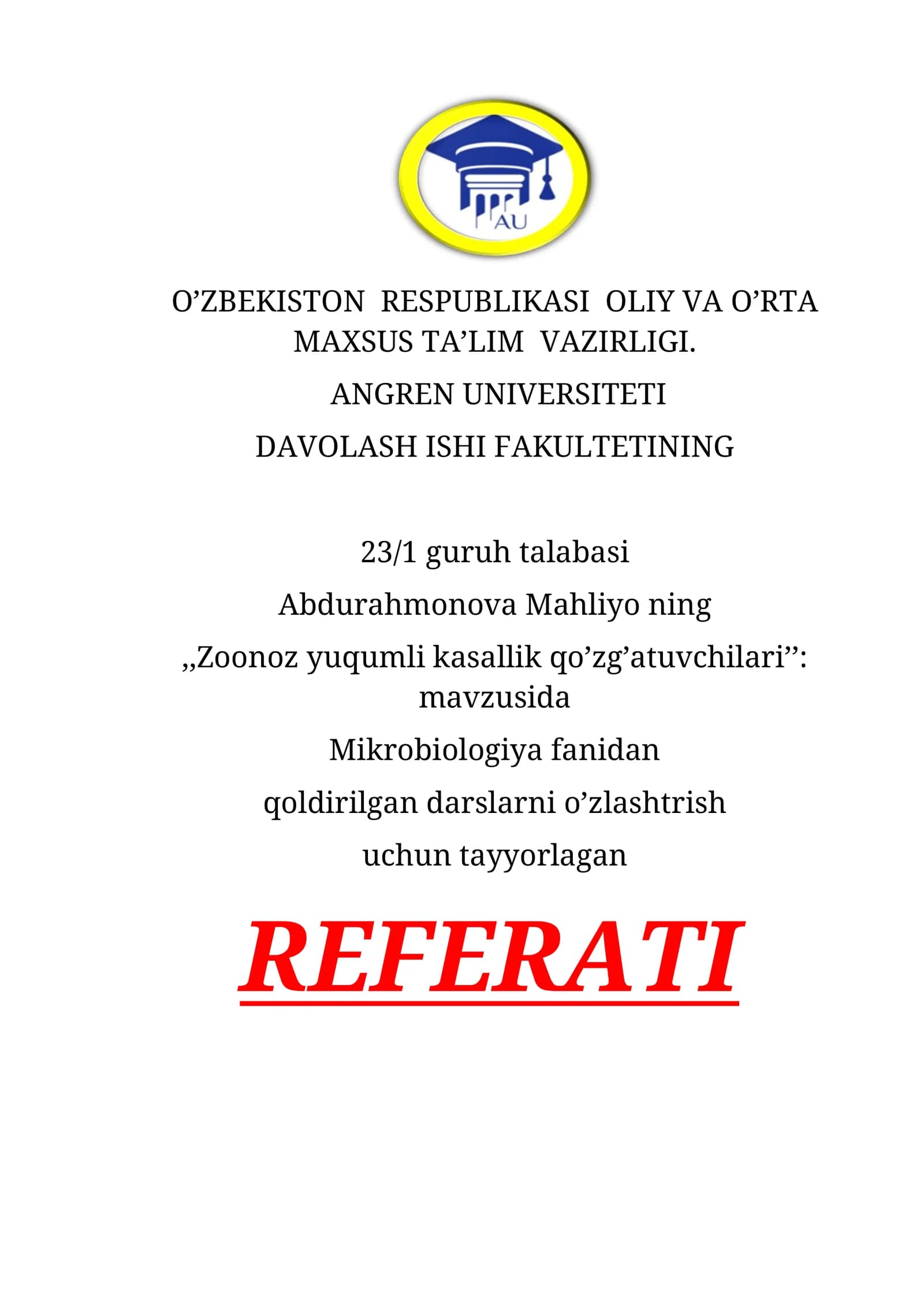 Zoonoz yuqumli kasallik qo’zg’atuvchilari