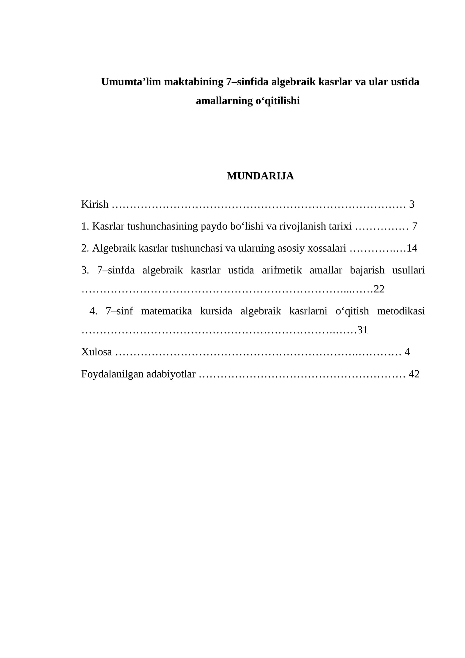 Umumta’lim maktabining 7–sinfida algebraik kasrlar va ular ustida amallarning o‘qitilishi