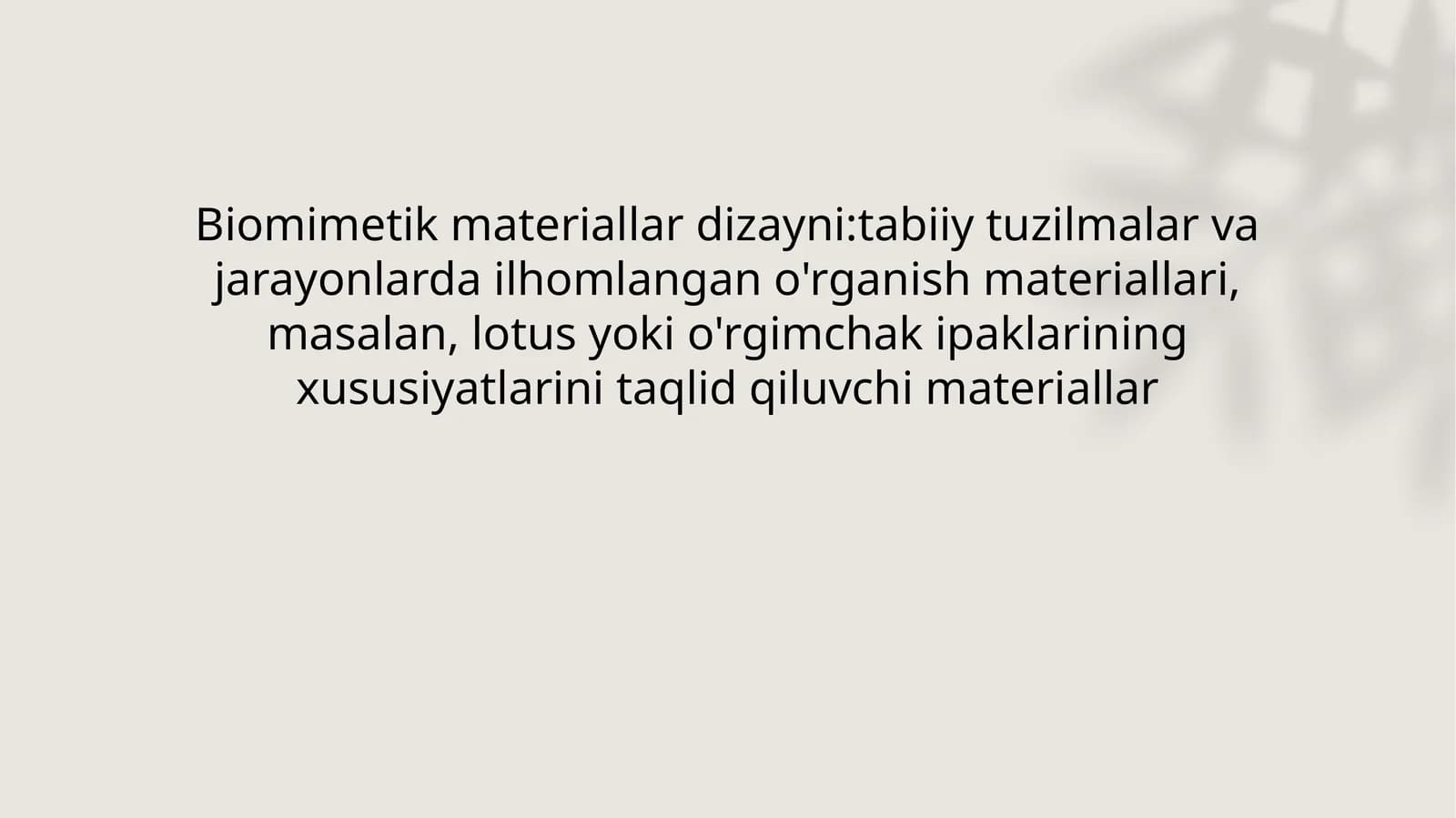 Biomimetik materiallar dizayni: tabiiy tuzilmalar va jarayonlarda ilhomlangan o'rganish materiallari
