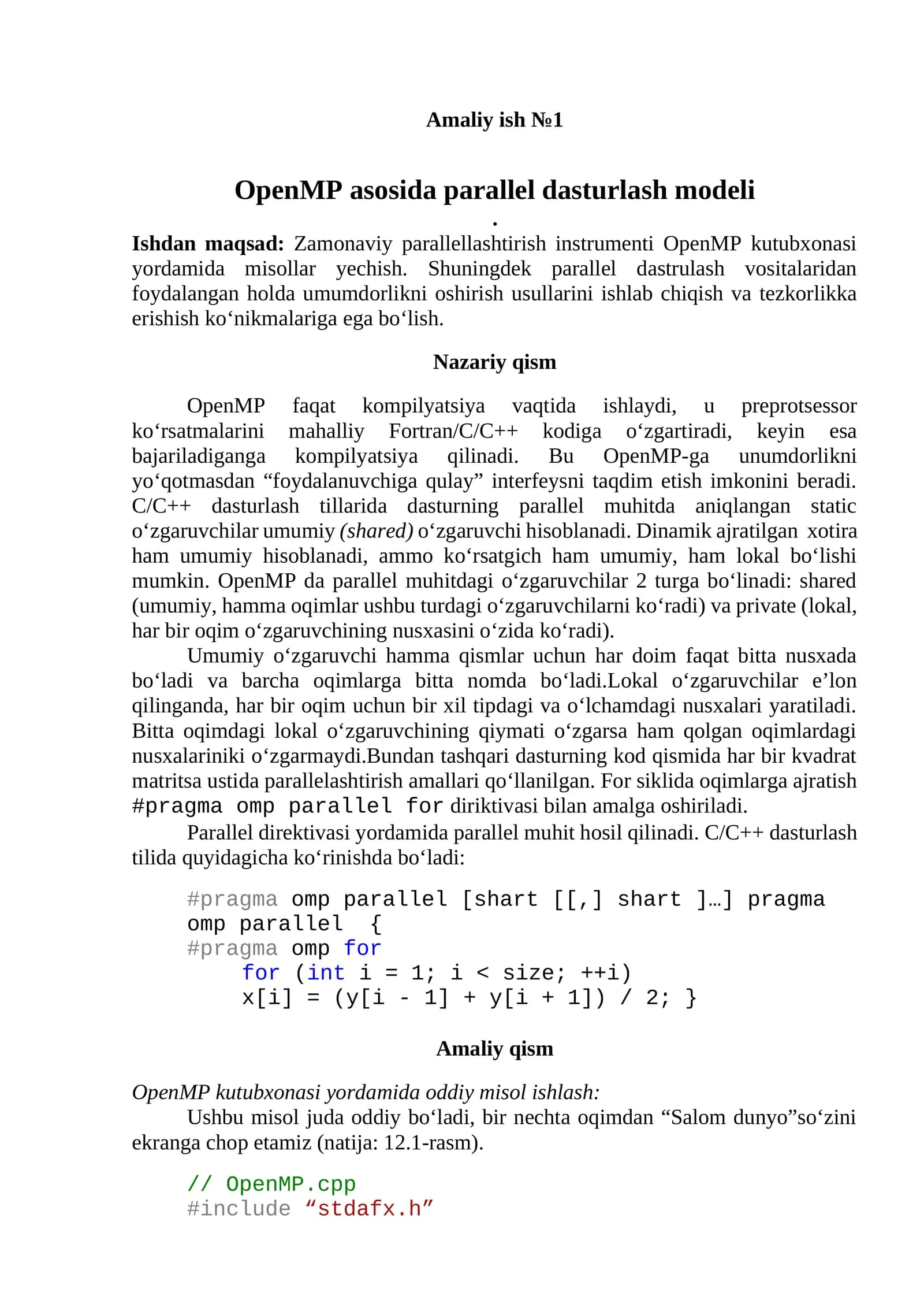 OpenMP asosida parallel dasturlash modeli