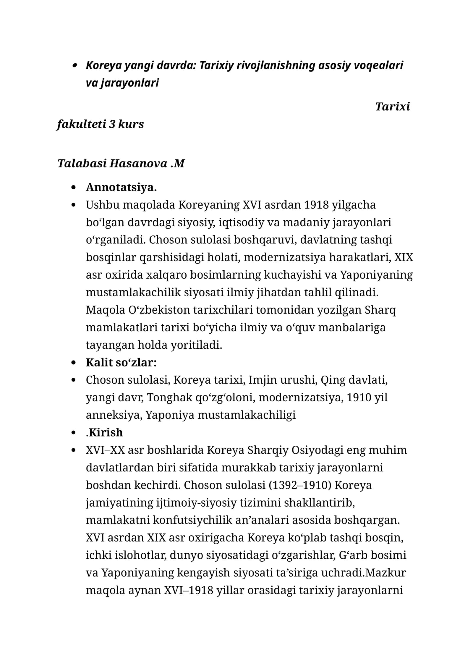 Koreya yangi davrda: Tarixiy rivojlanishning asosiy voqealari va jarayonlari