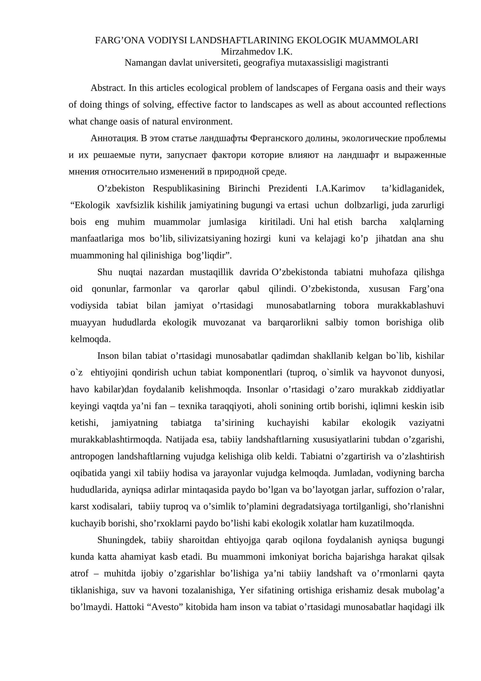 FARG’ONA VODIYSI LANDSHAFTLARINING EKOLOGIK MUAMMOLARI