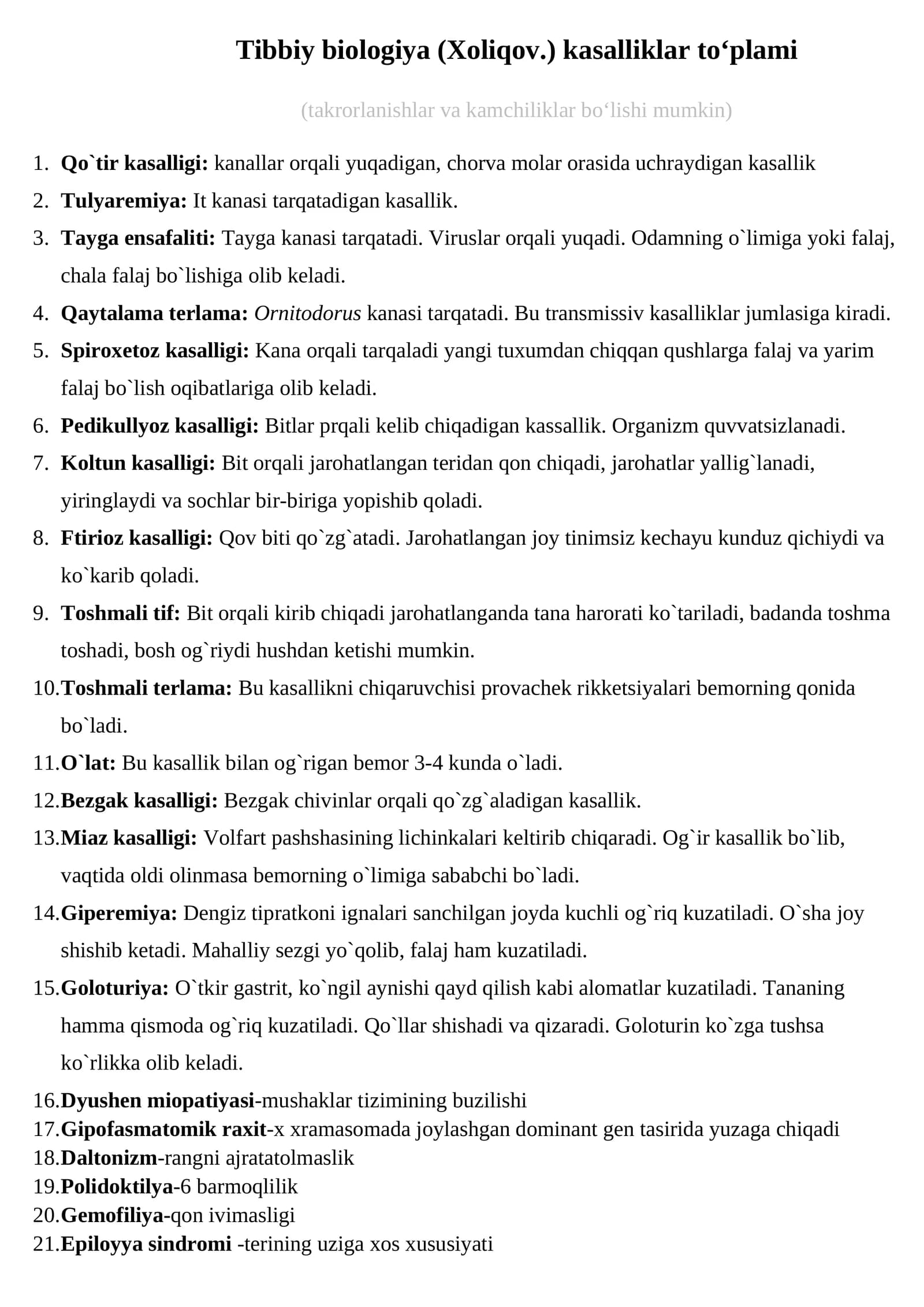 Tibbiy biologiya (Xoliqov.) kasalliklar to‘plami