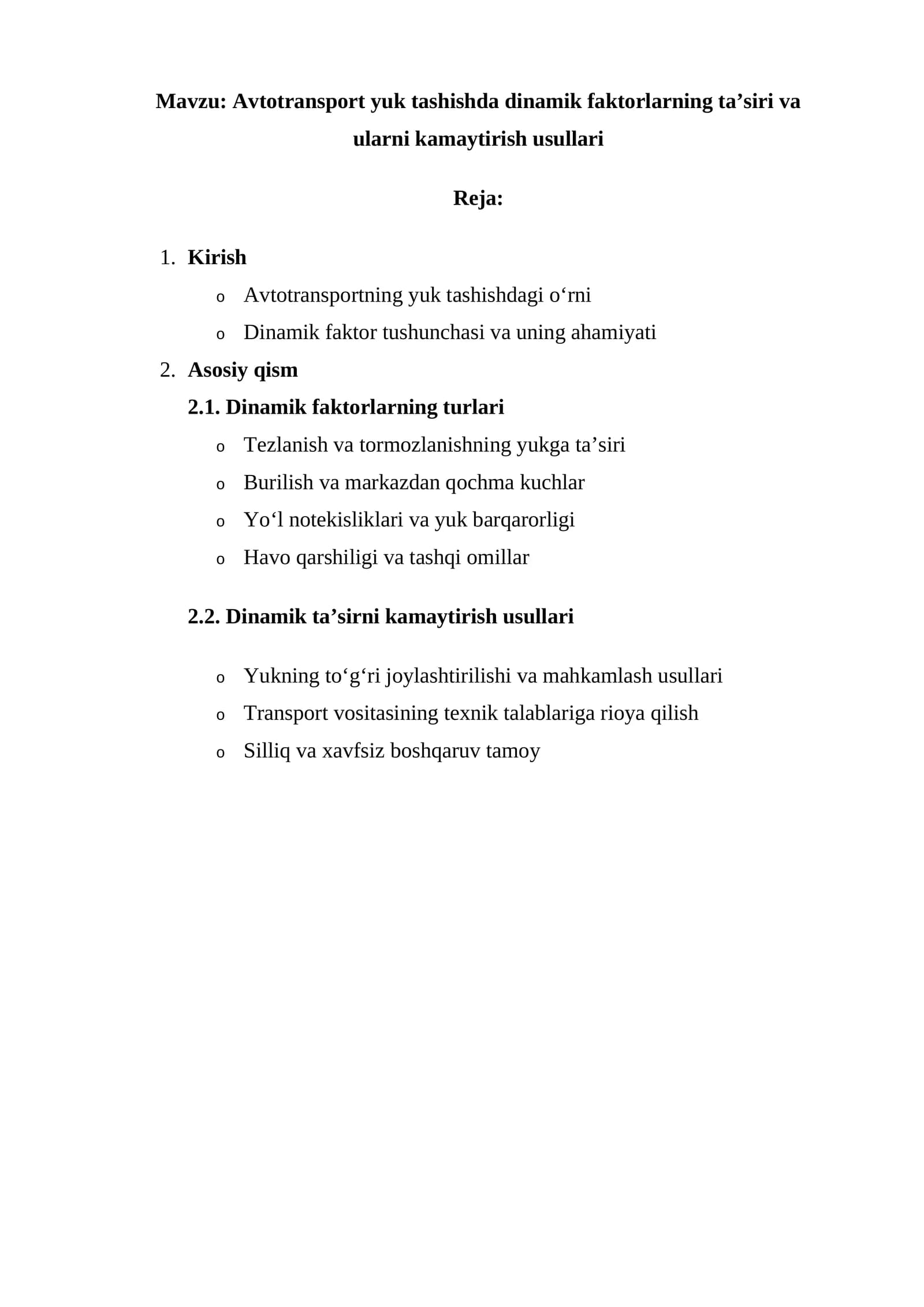 Avtotransport yuk tashishda dinamik faktorlarning ta’siri va ularni kamaytirish usullari