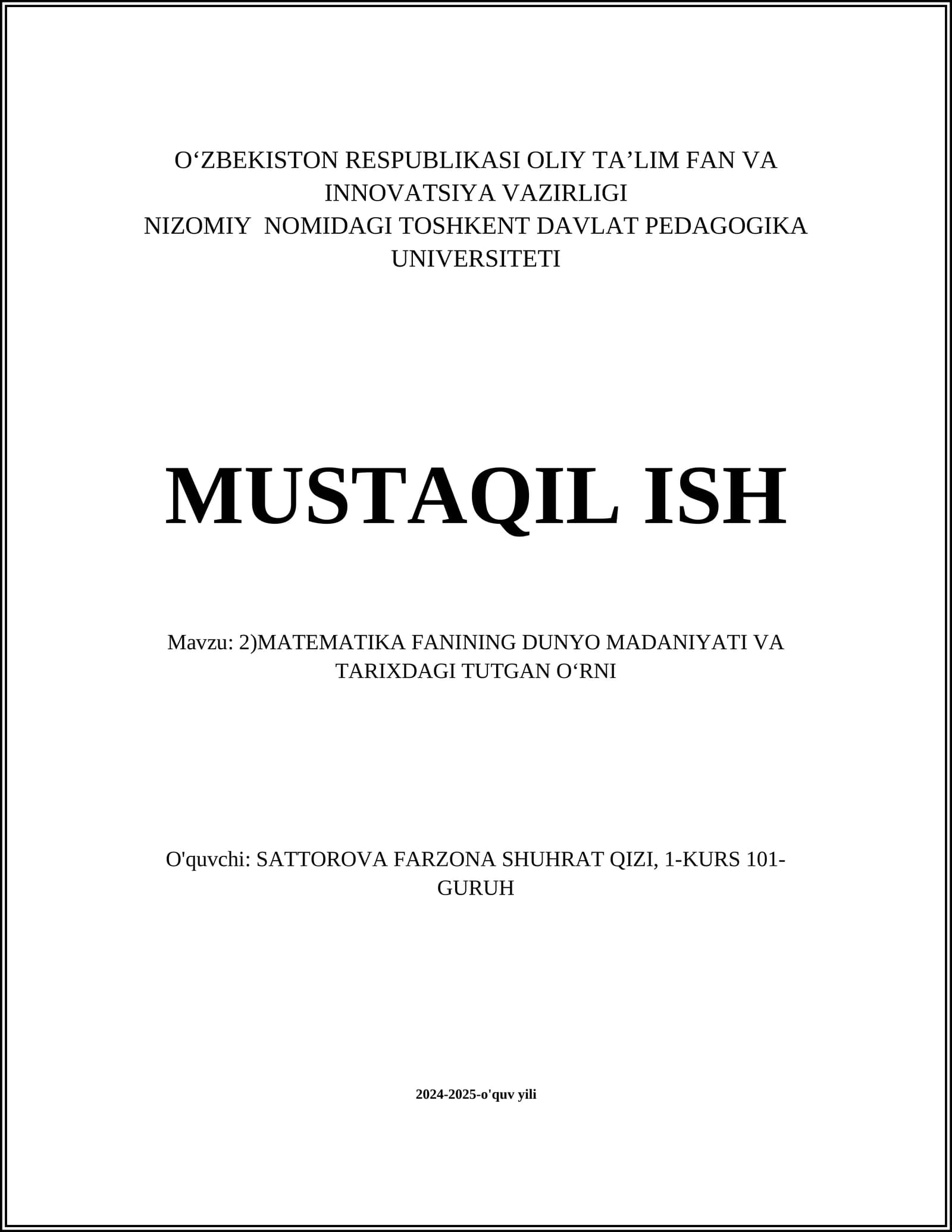 Matematika Fanining Dunyo Madaniyati va Tarixdagi Tutgan O‘rni