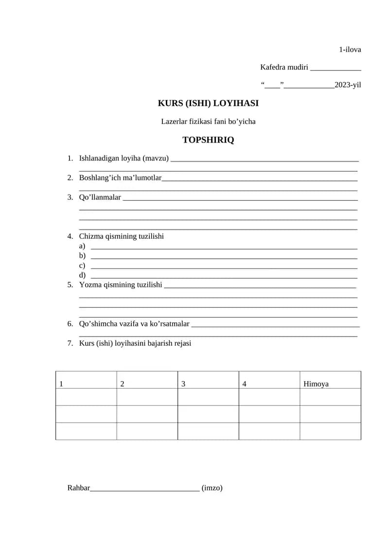 Lazerlar fizikasi fani bo’yicha KURS (ISHI) LOYIHASI