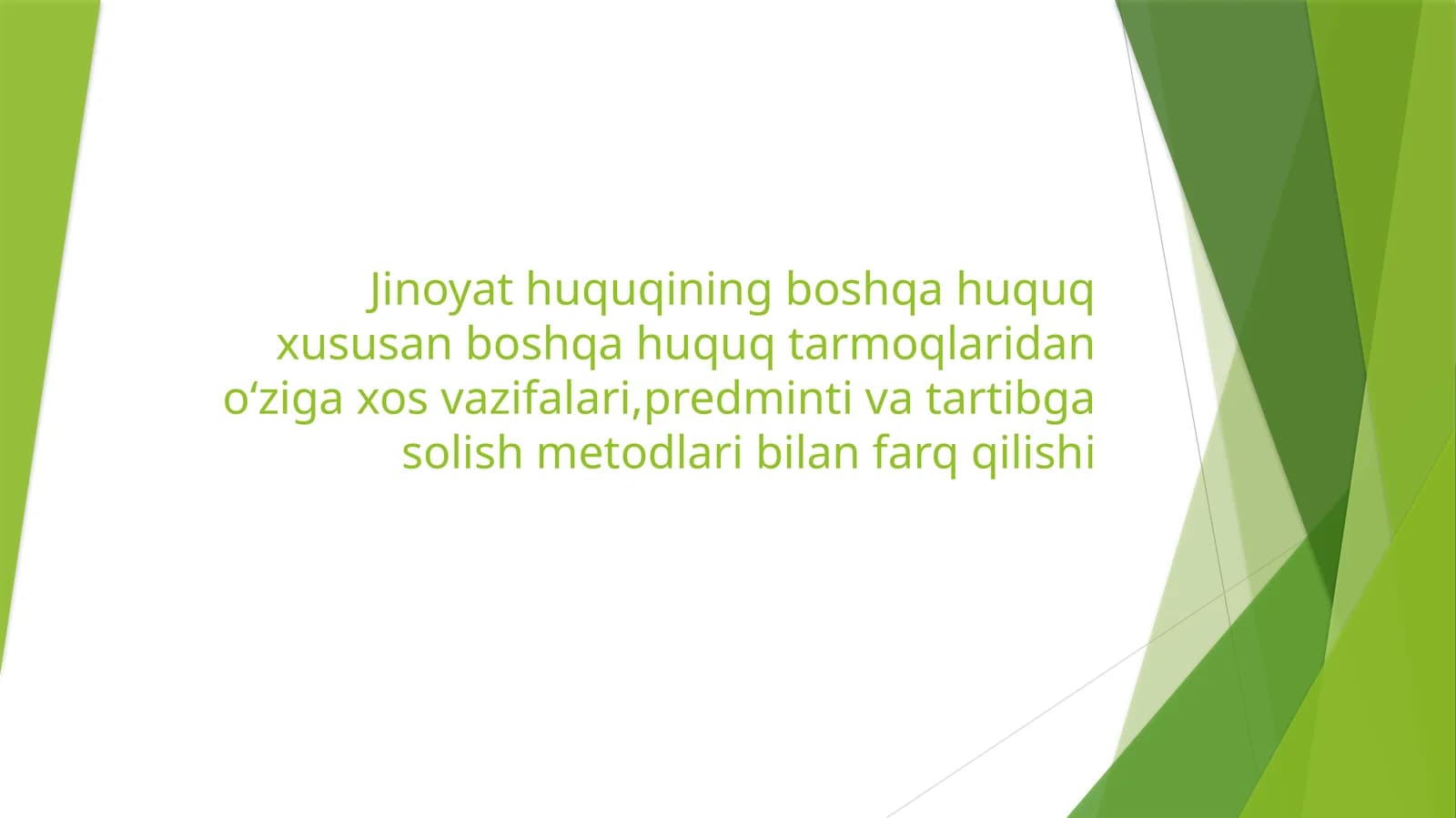 Jinoyat huquqining boshqa huquq xususan boshqa huquq tarmoqlaridan oʻziga xos vazifalari,predminti va tartibga solish metodlari bilan farq qilishi