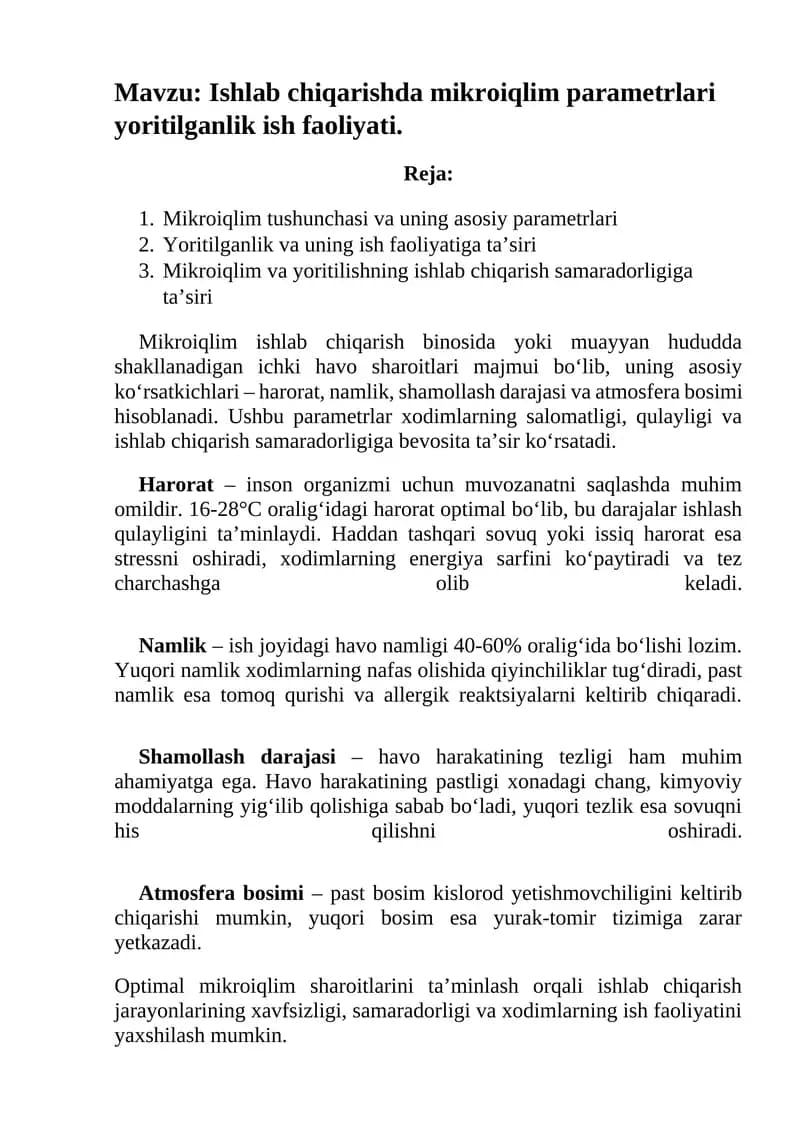 Ishlab chiqarishda mikroiqlim parametrlari yoritilganlik ish faoliyati.