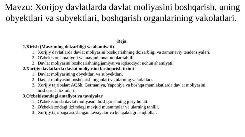 Davlat moliyasi boshqarish organlari va ularning vakolatlari