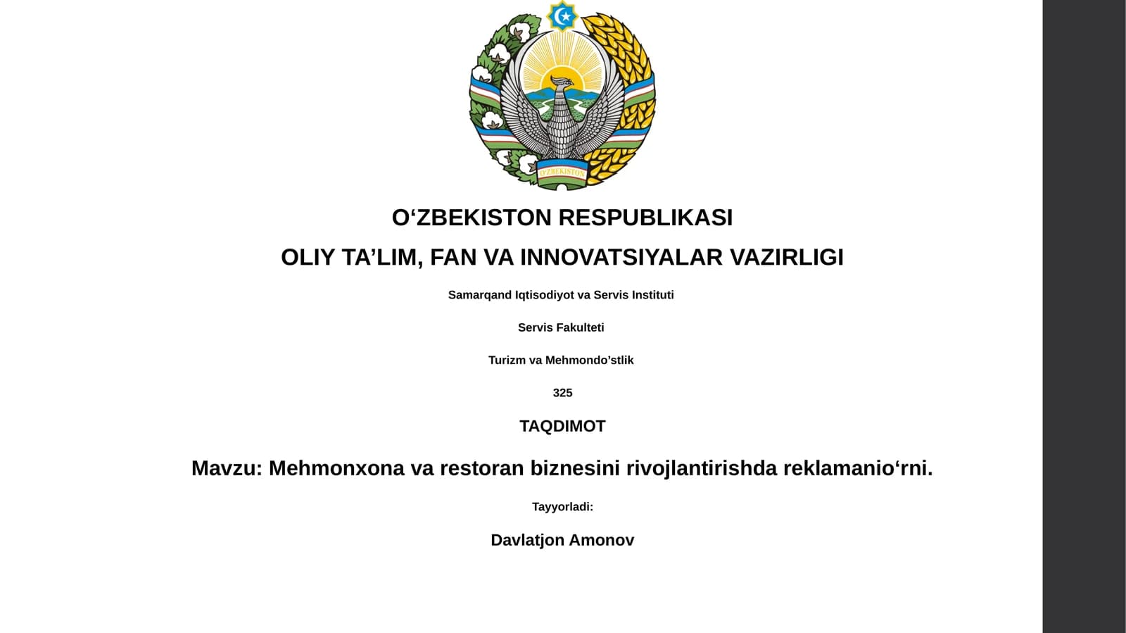 Mehmonxona va restoran biznesini rivojlantirishda reklamanio‘rni