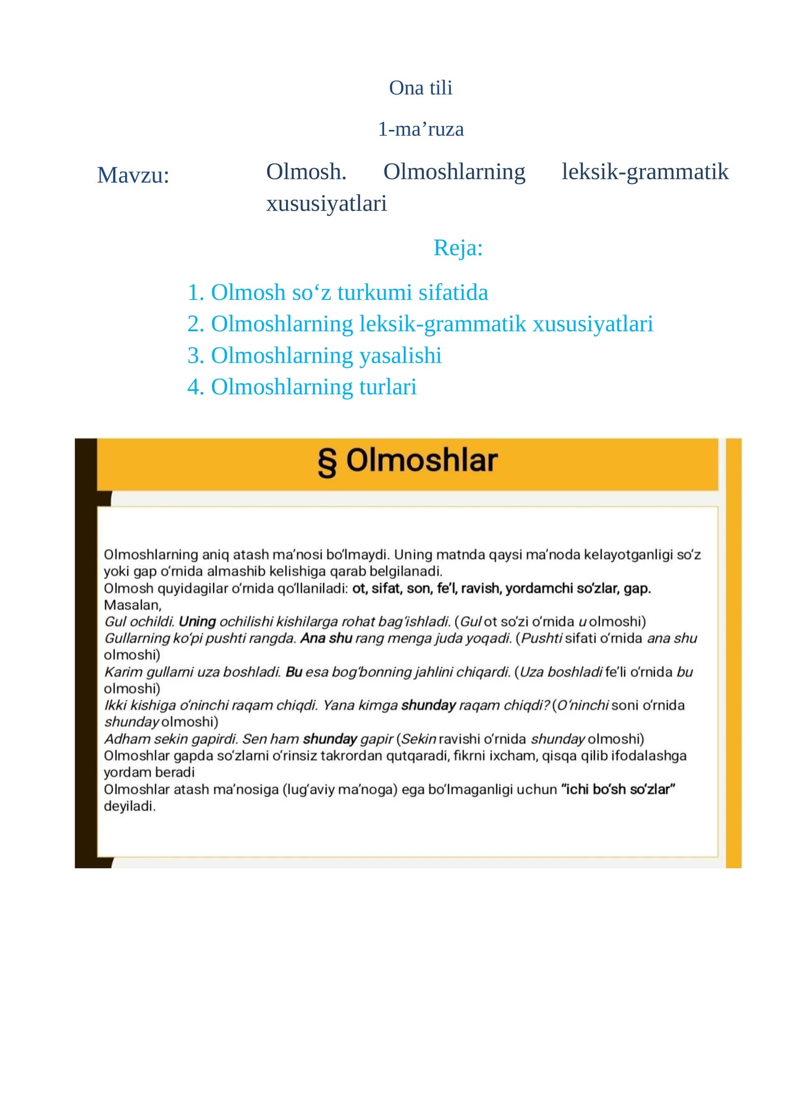 Olmosh. Olmoshlarning leksik-grammatik xususiyatlari