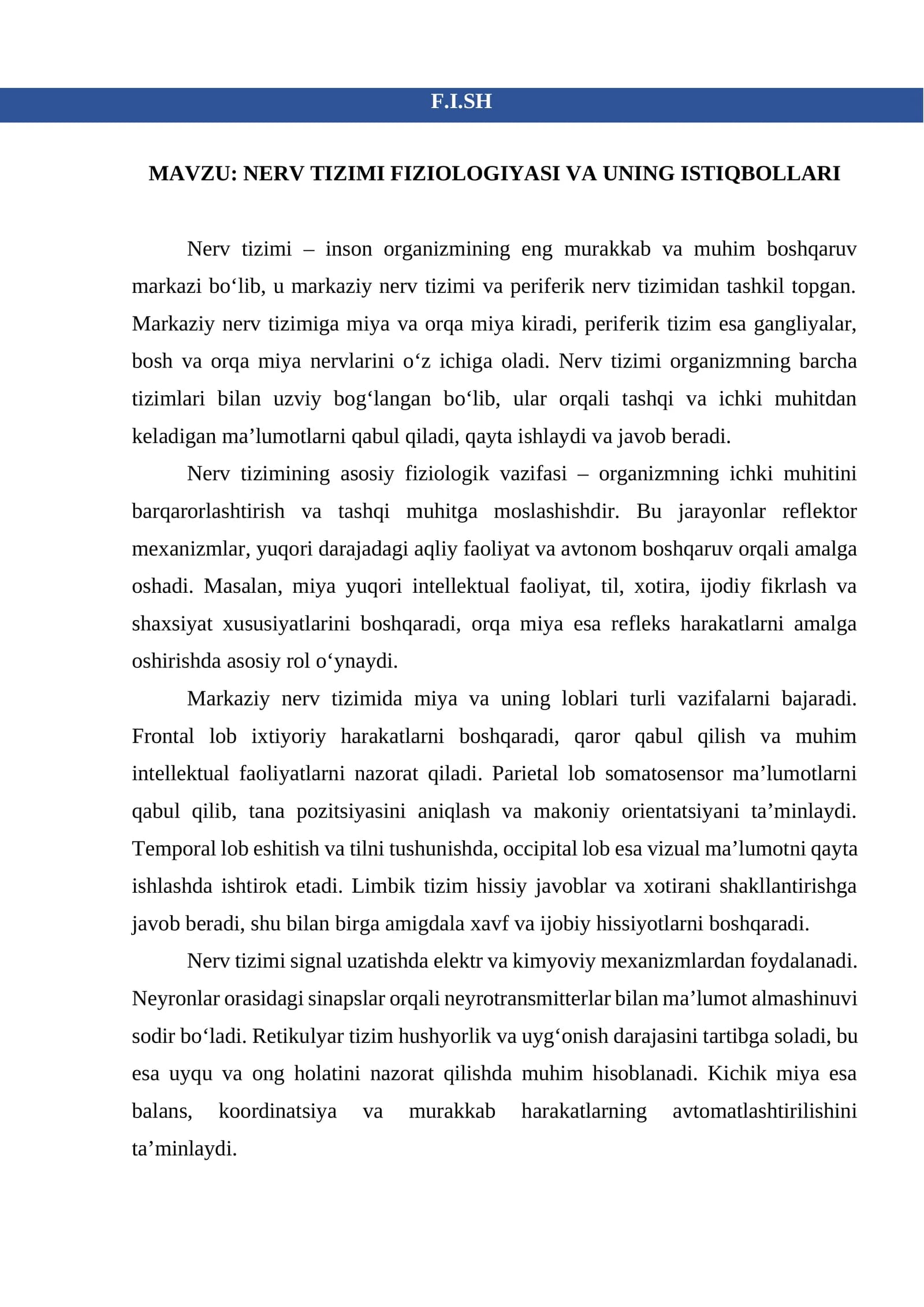 NERV TIZIMI FIZIOLOGIYASI VA UNING ISTIQBOLLARI