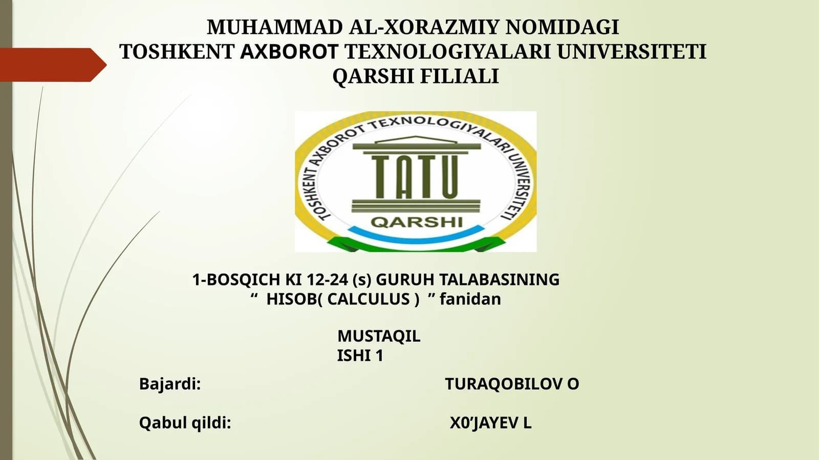 HISOB( CALCULUS ) fanidan MUSTAQIL ISHI