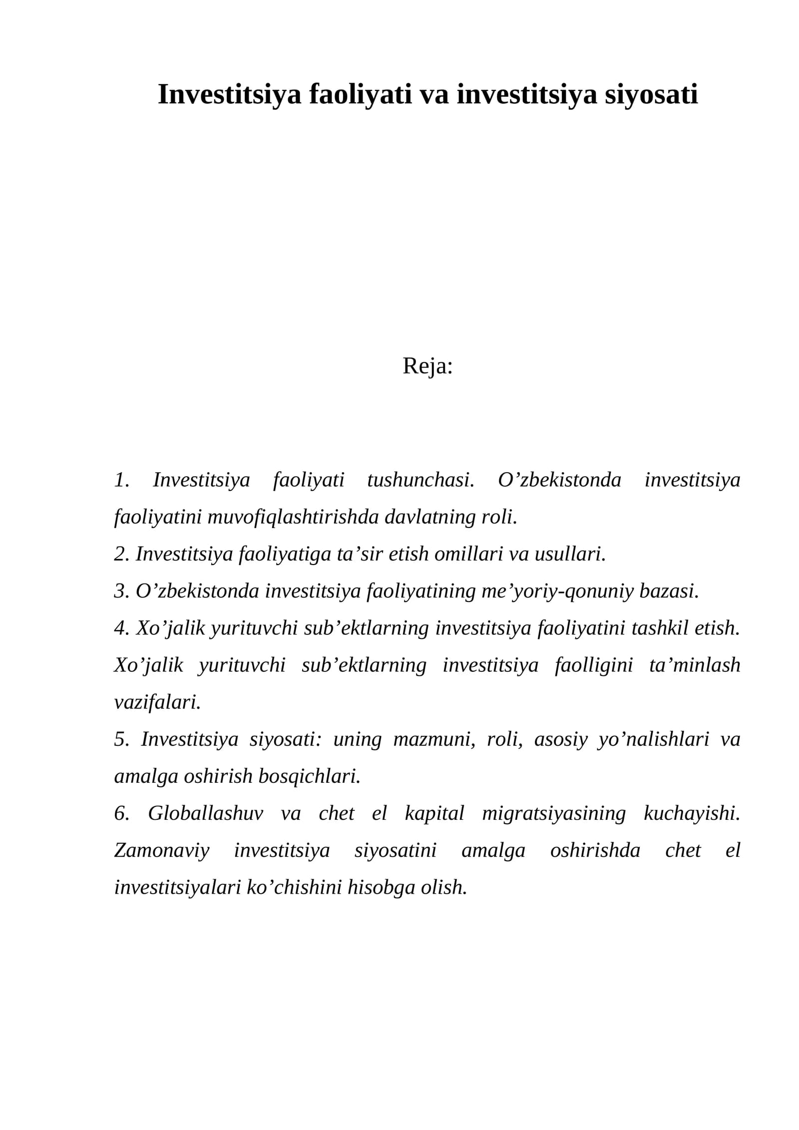 Investitsiya faoliyati va investitsiya siyosati