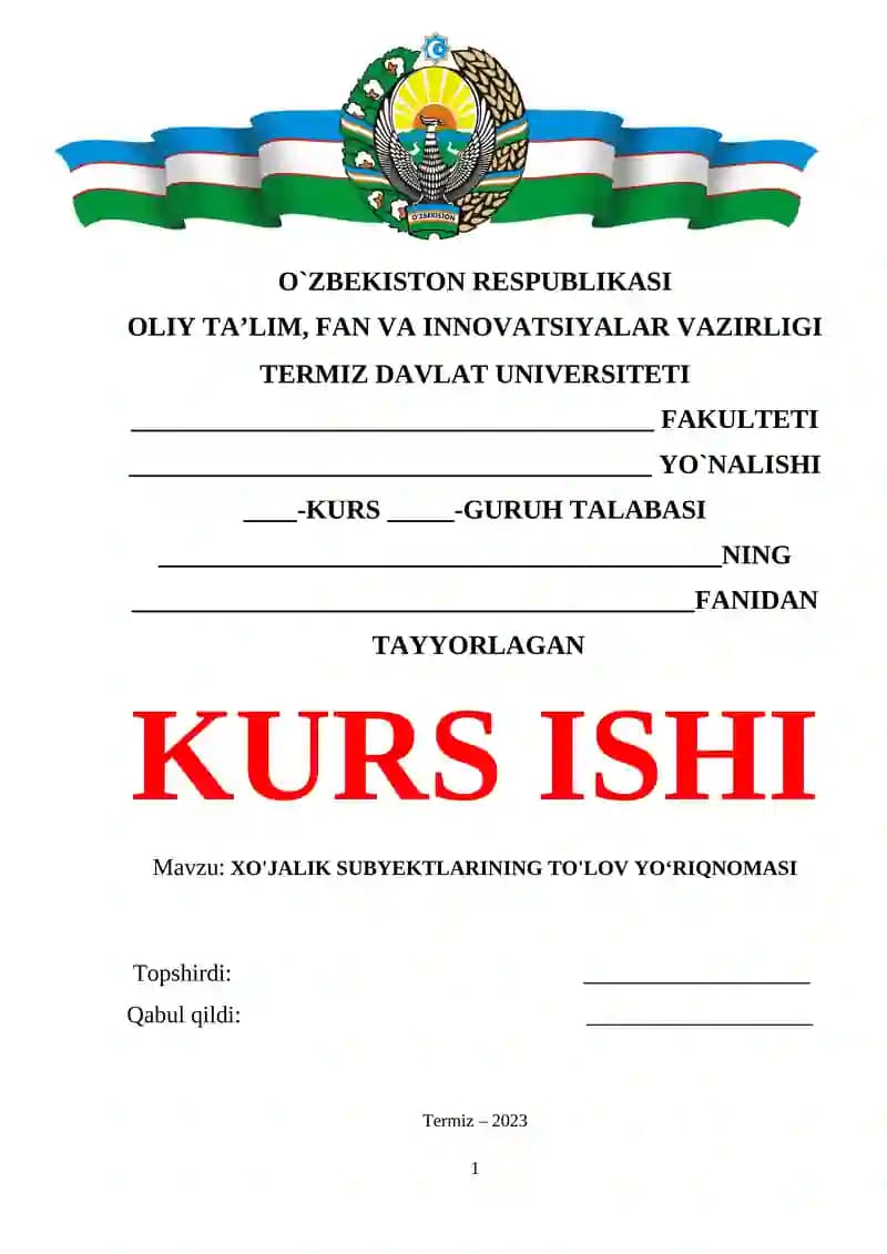 XO'JALIK SUBYEKTLARINING TO'LOV YO‘RIQNOMASI