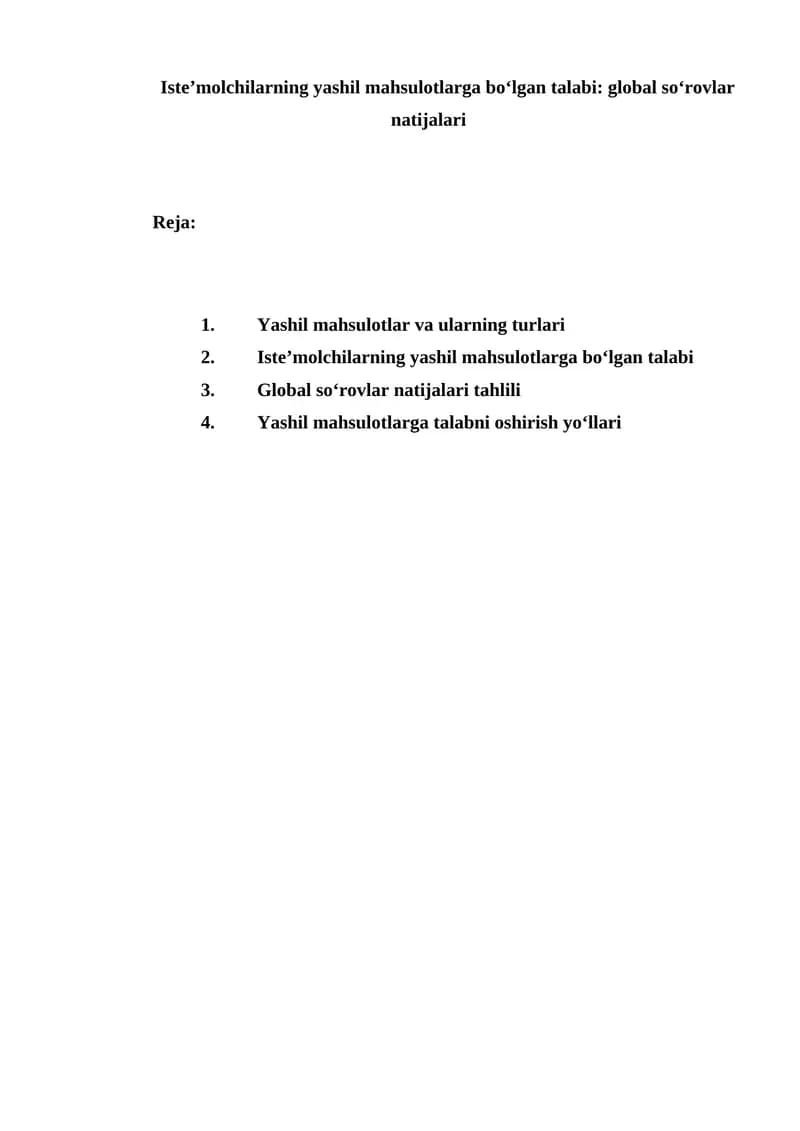 Iste’molchilarning yashil mahsulotlarga bo‘lgan talabi global so‘rovlar natijalari