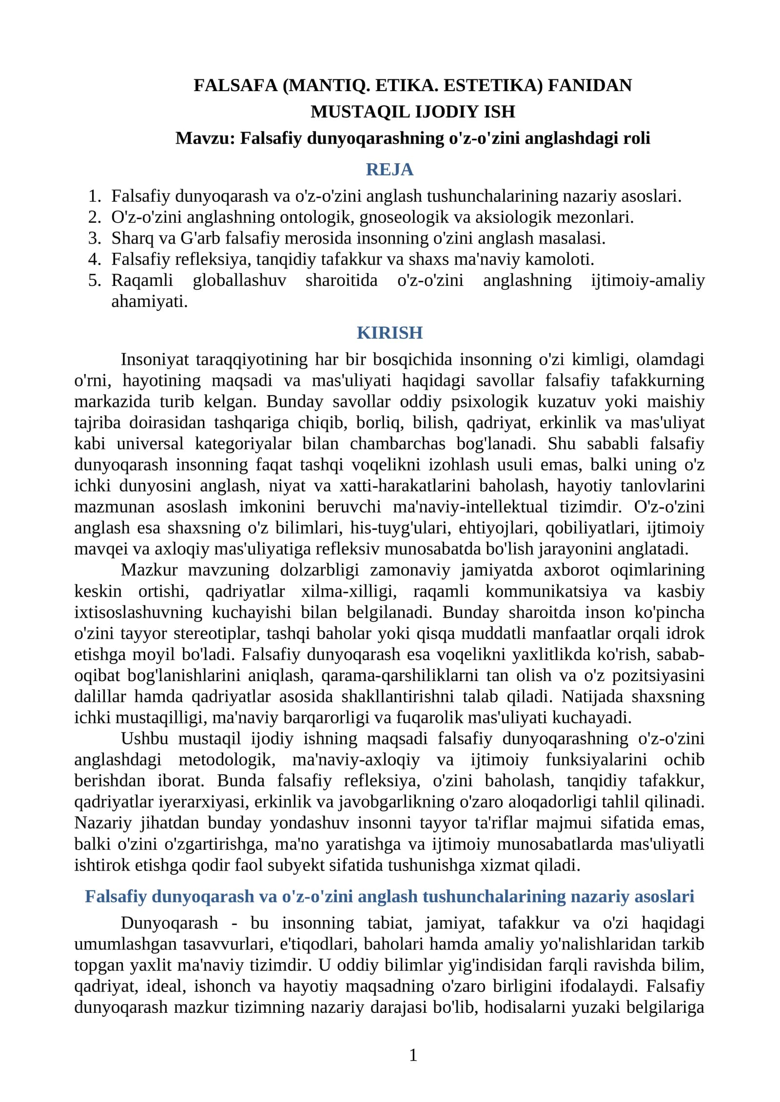 Falsafiy dunyoqarashning o'z-o'zini anglashdagi roli