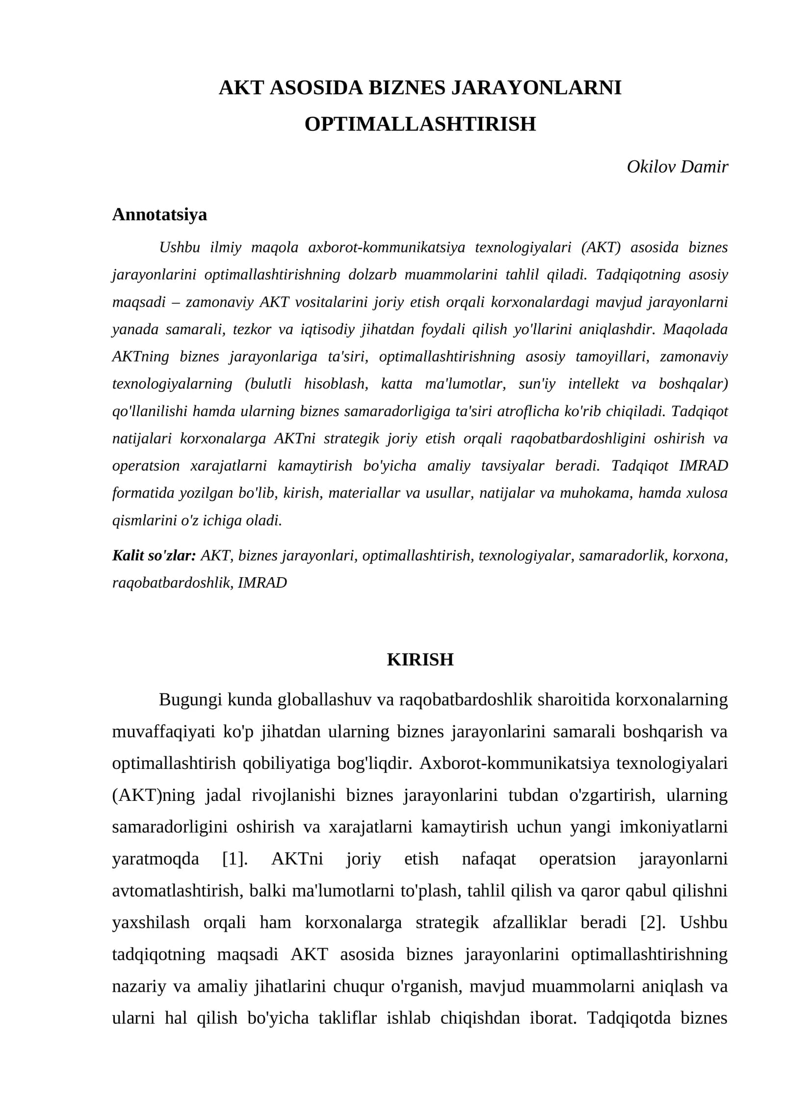AKT ASOSIDA BIZNES JARAYONLARNI OPTIMALLASHTIRISH