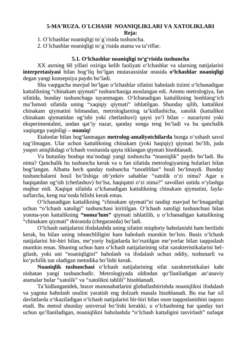 O`LCHASH NOANIQLIKLARI VA XATOLIKLARI
