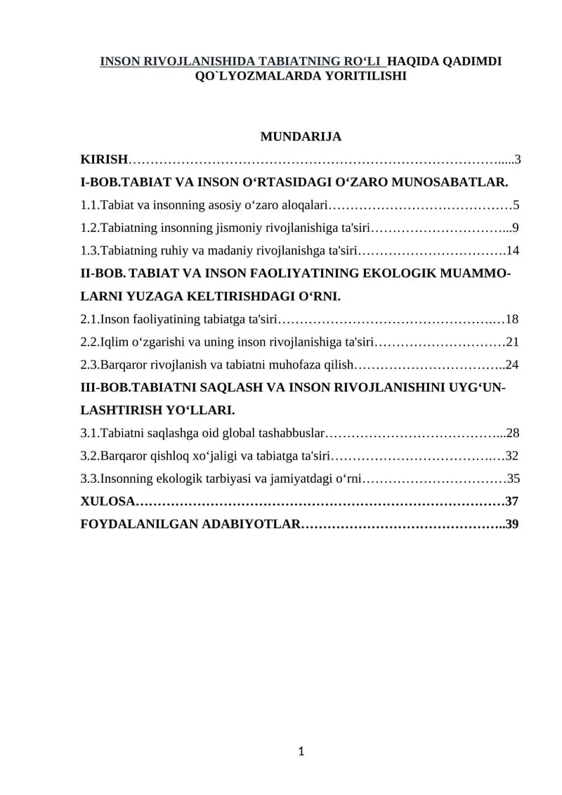 INSON RIVOJLANISHIDA TABIATNING RO‘LI HAQIDA QADIMI QO`LYOZMALARDA YORITILISHI