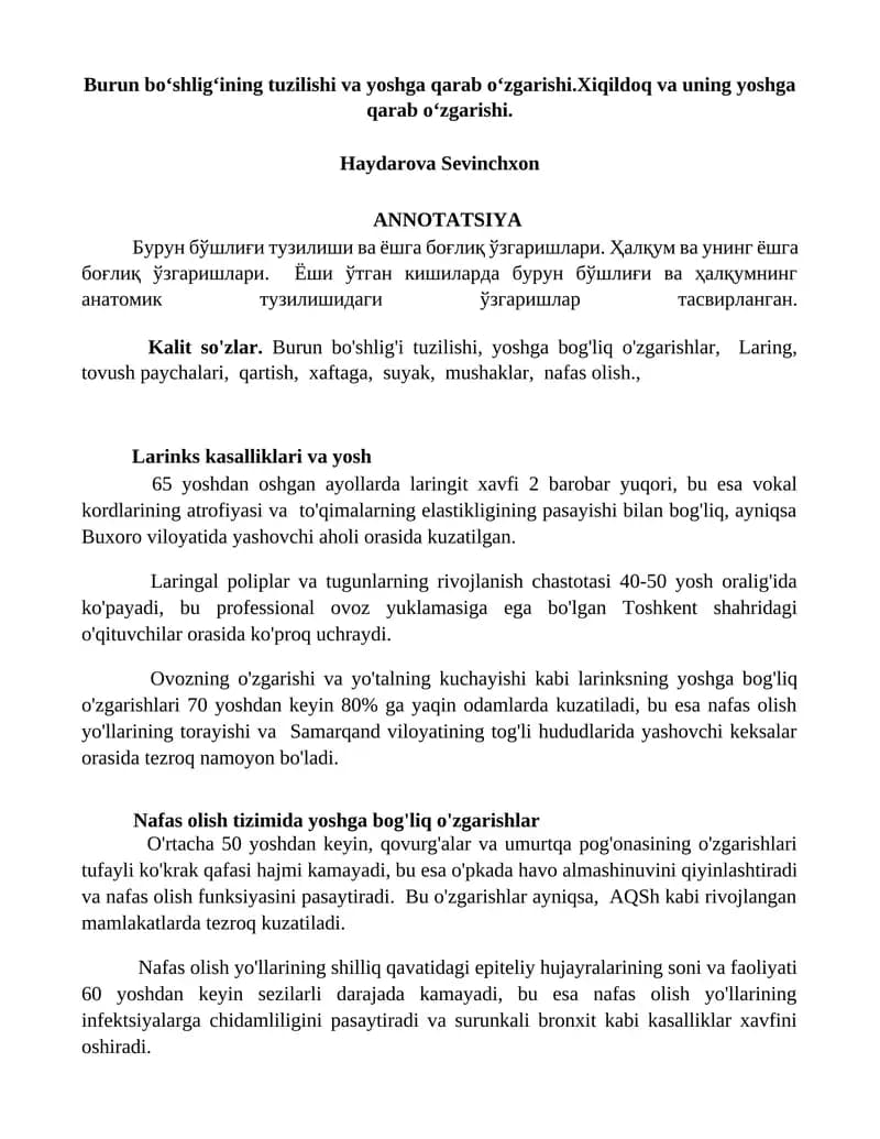 Burun boʻshligʻining tuzilishi va yoshga qarab oʻzgarishi